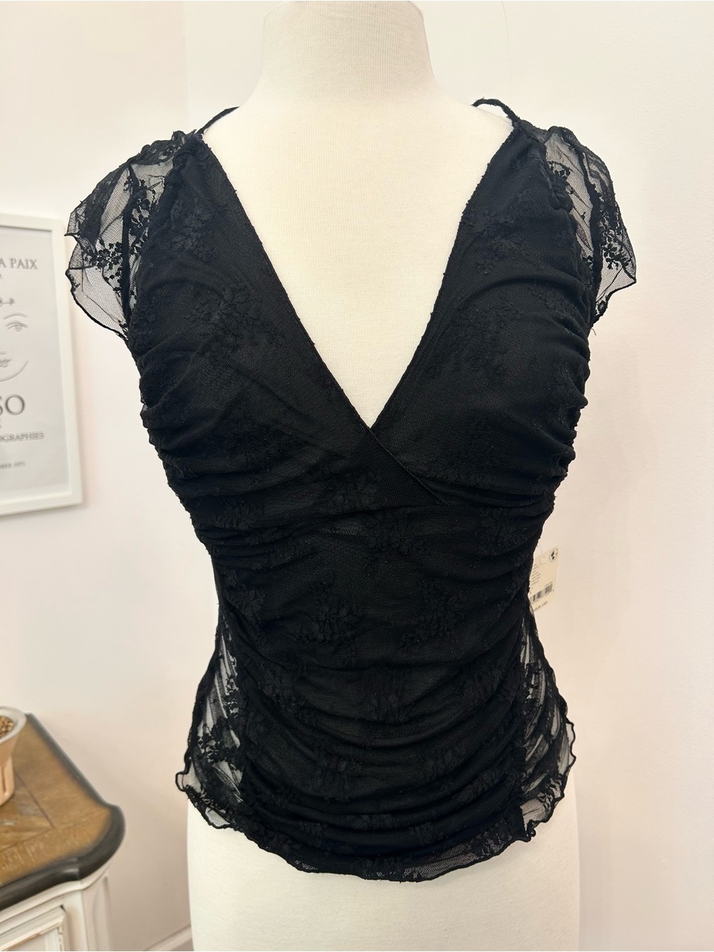 Free People Black Lace V-Neck Ruched Top